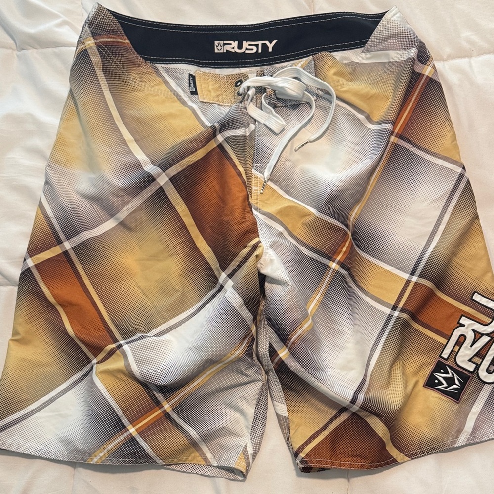 Rusty Men's Plaid Board Shorts - Gold and White size 36